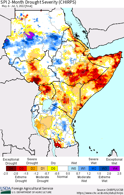 Eastern Africa SPI 2-Month Drought Severity (CHIRPS) Thematic Map For 5/6/2022 - 7/5/2022