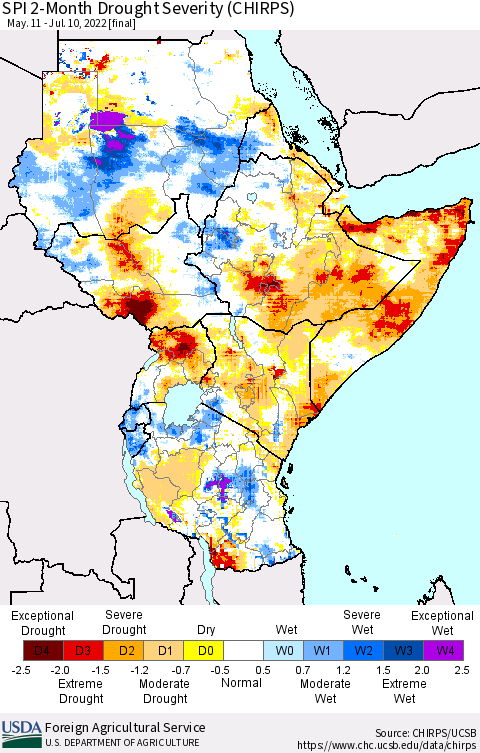 Eastern Africa SPI 2-Month Drought Severity (CHIRPS) Thematic Map For 5/11/2022 - 7/10/2022