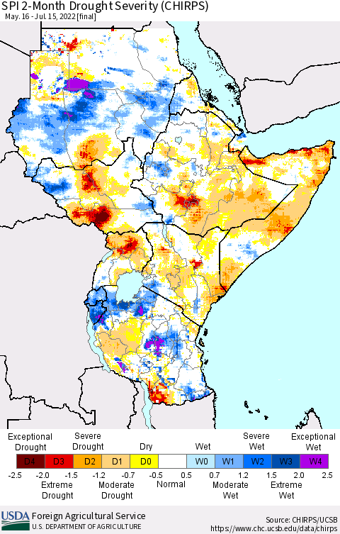 Eastern Africa SPI 2-Month Drought Severity (CHIRPS) Thematic Map For 5/16/2022 - 7/15/2022