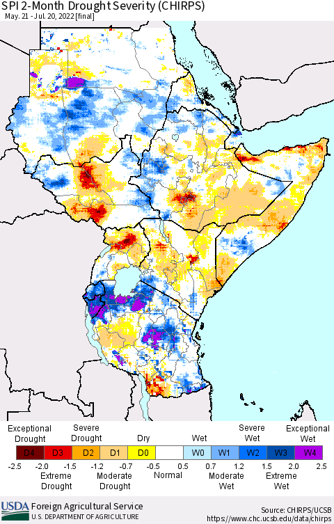 Eastern Africa SPI 2-Month Drought Severity (CHIRPS) Thematic Map For 5/21/2022 - 7/20/2022
