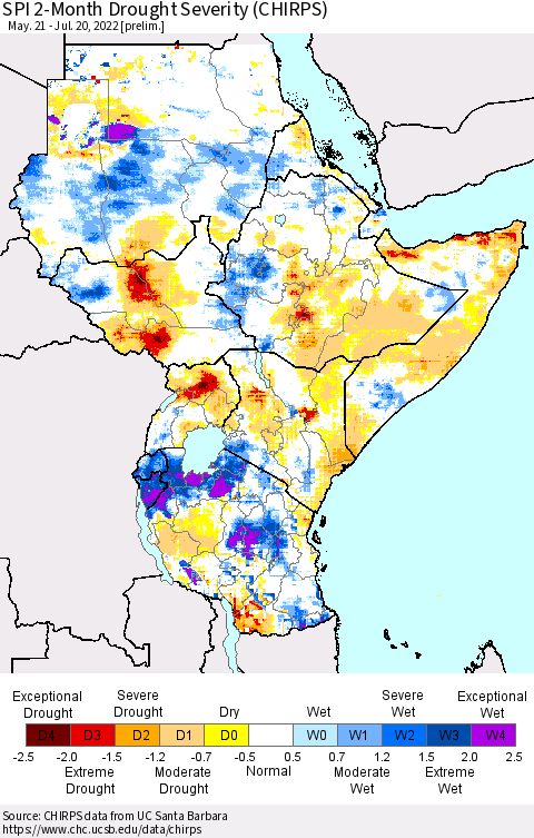 Eastern Africa SPI 2-Month Drought Severity (CHIRPS) Thematic Map For 5/21/2022 - 7/20/2022