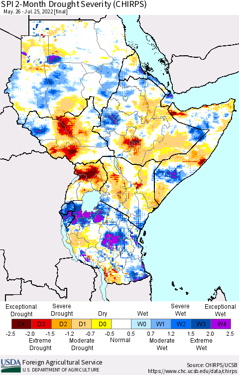 Eastern Africa SPI 2-Month Drought Severity (CHIRPS) Thematic Map For 5/26/2022 - 7/25/2022