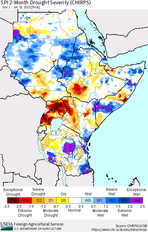 Eastern Africa SPI 2-Month Drought Severity (CHIRPS) Thematic Map For 6/1/2022 - 7/31/2022