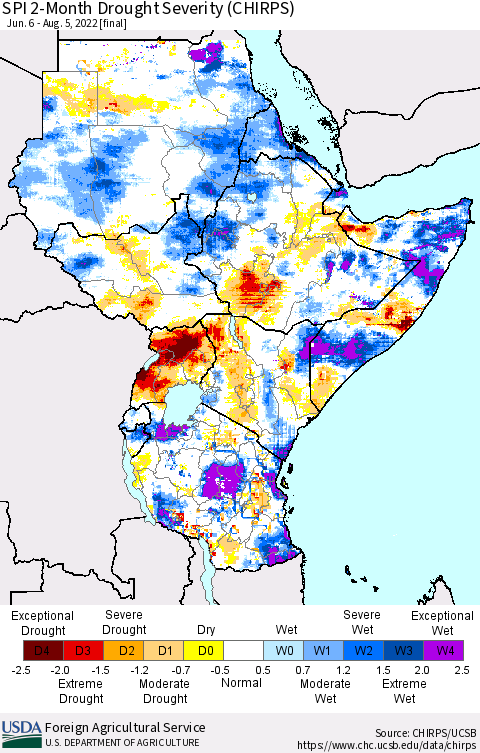 Eastern Africa SPI 2-Month Drought Severity (CHIRPS) Thematic Map For 6/6/2022 - 8/5/2022