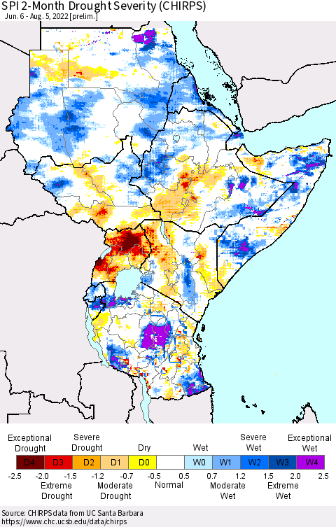 Eastern Africa SPI 2-Month Drought Severity (CHIRPS) Thematic Map For 6/6/2022 - 8/5/2022
