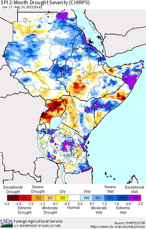 Eastern Africa SPI 2-Month Drought Severity (CHIRPS) Thematic Map For 6/11/2022 - 8/10/2022
