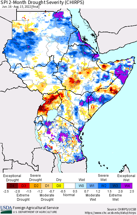 Eastern Africa SPI 2-Month Drought Severity (CHIRPS) Thematic Map For 6/16/2022 - 8/15/2022