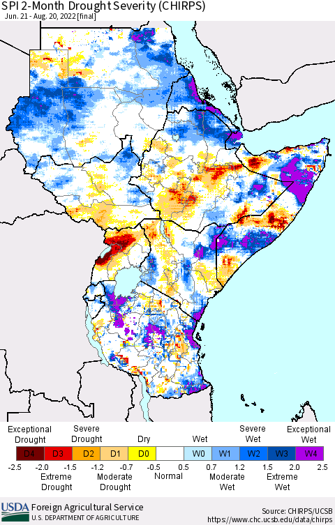 Eastern Africa SPI 2-Month Drought Severity (CHIRPS) Thematic Map For 6/21/2022 - 8/20/2022