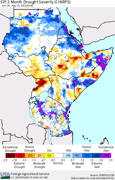 Eastern Africa SPI 2-Month Drought Severity (CHIRPS) Thematic Map For 6/26/2022 - 8/25/2022