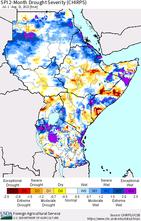 Eastern Africa SPI 2-Month Drought Severity (CHIRPS) Thematic Map For 7/1/2022 - 8/31/2022