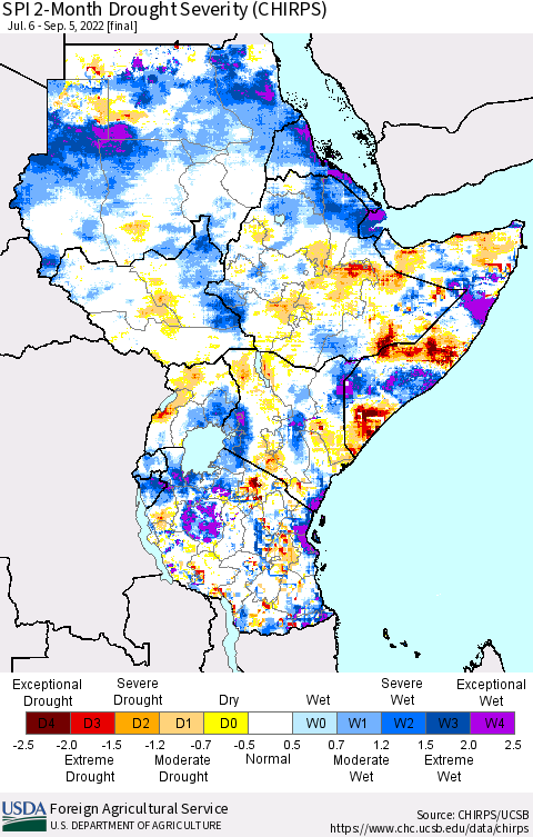 Eastern Africa SPI 2-Month Drought Severity (CHIRPS) Thematic Map For 7/6/2022 - 9/5/2022
