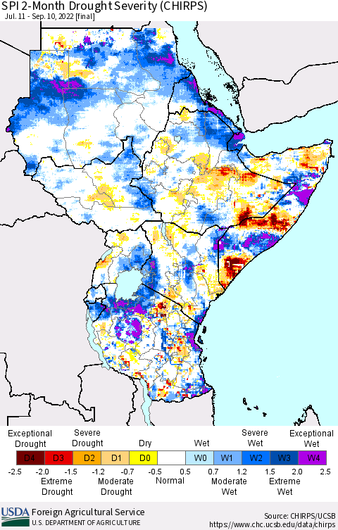 Eastern Africa SPI 2-Month Drought Severity (CHIRPS) Thematic Map For 7/11/2022 - 9/10/2022