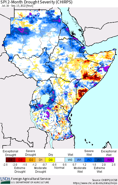 Eastern Africa SPI 2-Month Drought Severity (CHIRPS) Thematic Map For 7/16/2022 - 9/15/2022