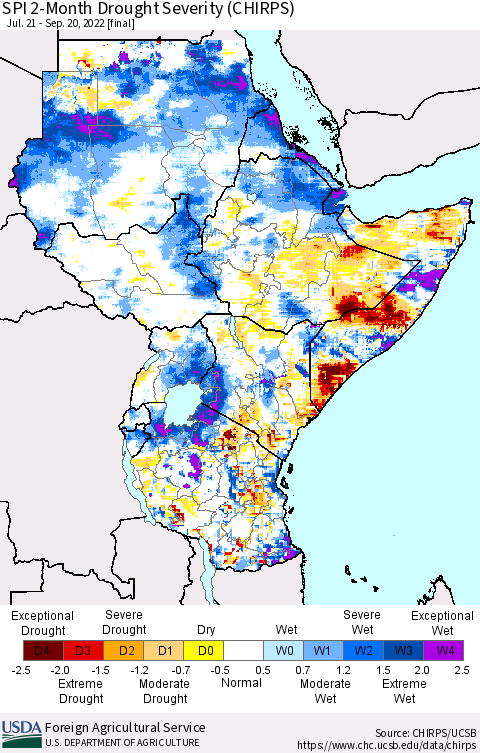 Eastern Africa SPI 2-Month Drought Severity (CHIRPS) Thematic Map For 7/21/2022 - 9/20/2022