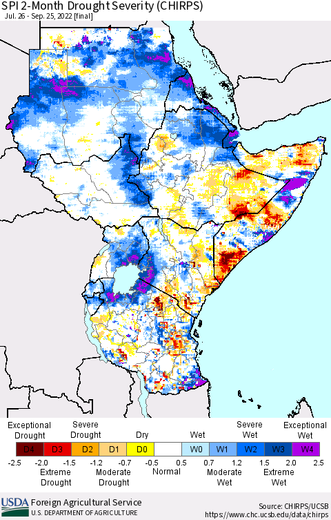Eastern Africa SPI 2-Month Drought Severity (CHIRPS) Thematic Map For 7/26/2022 - 9/25/2022