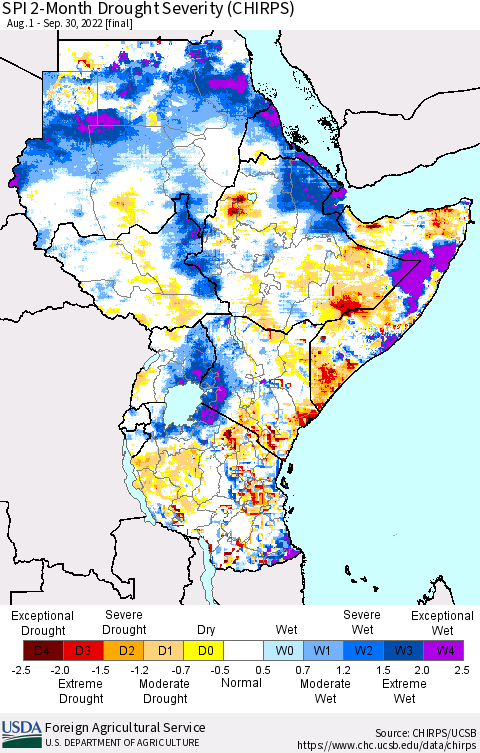 Eastern Africa SPI 2-Month Drought Severity (CHIRPS) Thematic Map For 8/1/2022 - 9/30/2022