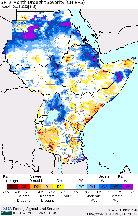 Eastern Africa SPI 2-Month Drought Severity (CHIRPS) Thematic Map For 8/6/2022 - 10/5/2022