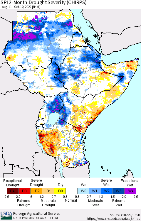 Eastern Africa SPI 2-Month Drought Severity (CHIRPS) Thematic Map For 8/11/2022 - 10/10/2022