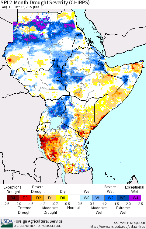 Eastern Africa SPI 2-Month Drought Severity (CHIRPS) Thematic Map For 8/16/2022 - 10/15/2022