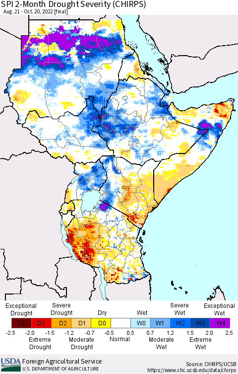 Eastern Africa SPI 2-Month Drought Severity (CHIRPS) Thematic Map For 8/21/2022 - 10/20/2022