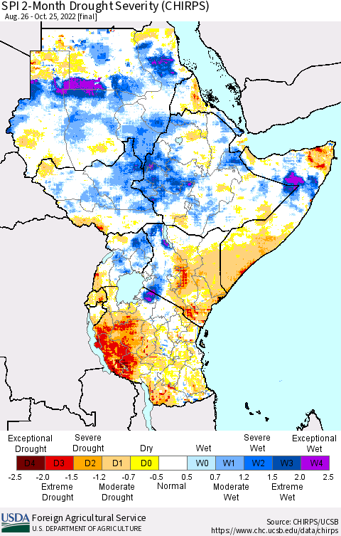 Eastern Africa SPI 2-Month Drought Severity (CHIRPS) Thematic Map For 8/26/2022 - 10/25/2022