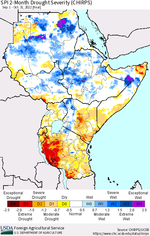Eastern Africa SPI 2-Month Drought Severity (CHIRPS) Thematic Map For 9/1/2022 - 10/31/2022