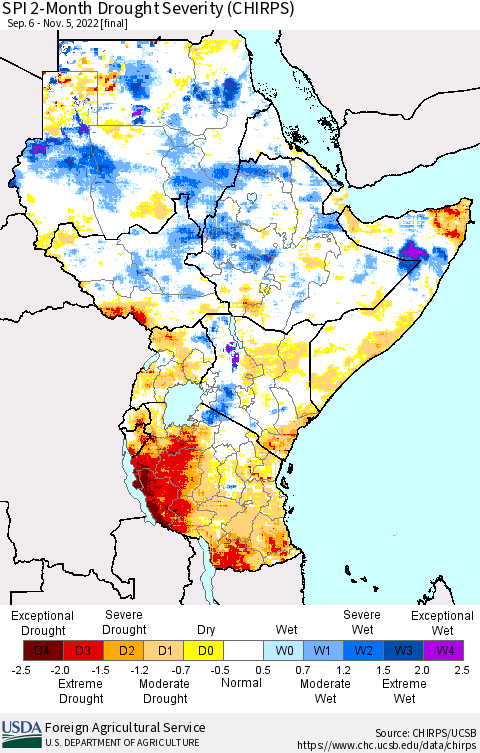 Eastern Africa SPI 2-Month Drought Severity (CHIRPS) Thematic Map For 9/6/2022 - 11/5/2022
