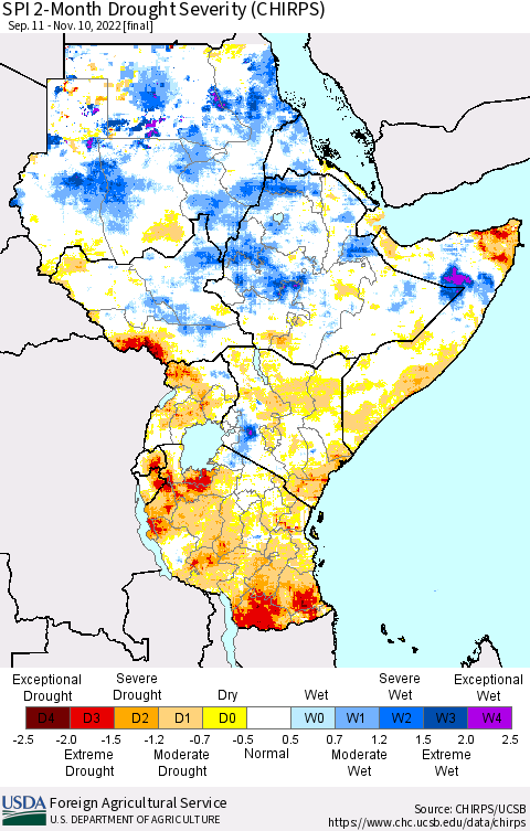Eastern Africa SPI 2-Month Drought Severity (CHIRPS) Thematic Map For 9/11/2022 - 11/10/2022