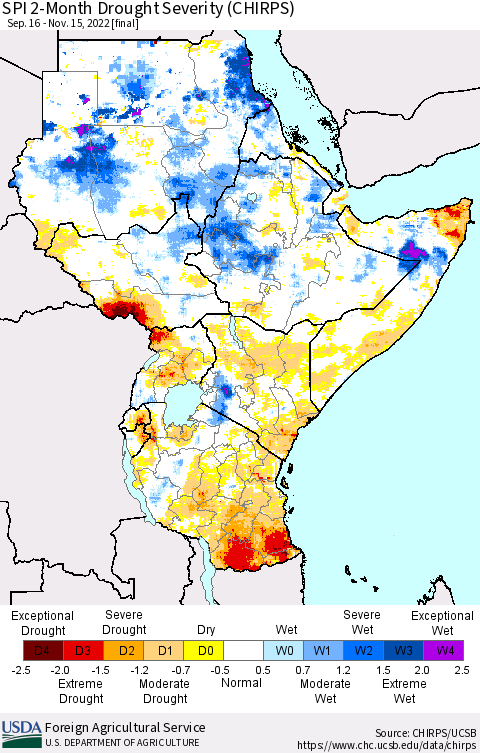 Eastern Africa SPI 2-Month Drought Severity (CHIRPS) Thematic Map For 9/16/2022 - 11/15/2022