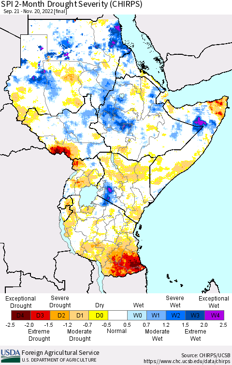 Eastern Africa SPI 2-Month Drought Severity (CHIRPS) Thematic Map For 9/21/2022 - 11/20/2022