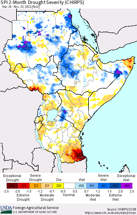 Eastern Africa SPI 2-Month Drought Severity (CHIRPS) Thematic Map For 9/26/2022 - 11/25/2022