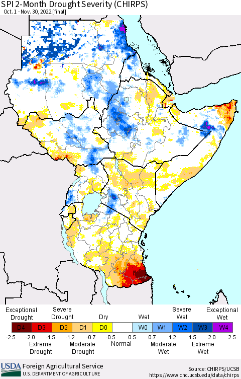 Eastern Africa SPI 2-Month Drought Severity (CHIRPS) Thematic Map For 10/1/2022 - 11/30/2022