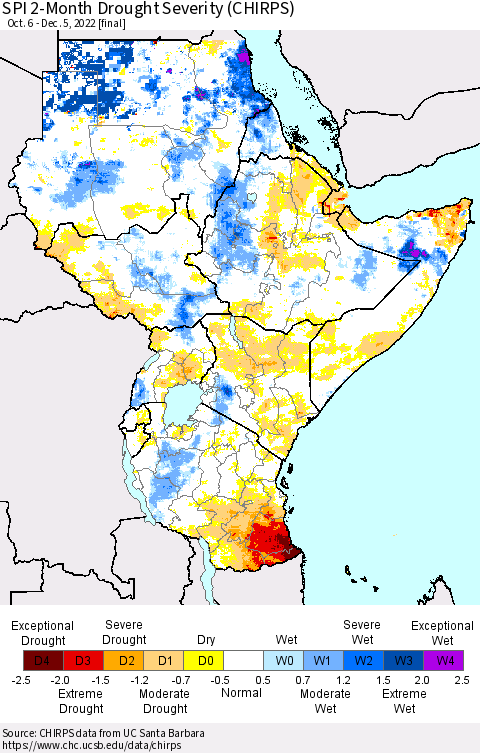 Eastern Africa SPI 2-Month Drought Severity (CHIRPS) Thematic Map For 10/6/2022 - 12/5/2022