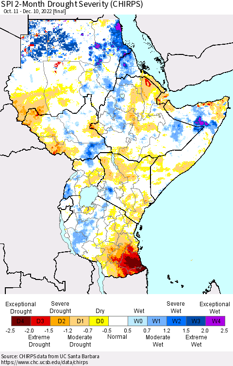 Eastern Africa SPI 2-Month Drought Severity (CHIRPS) Thematic Map For 10/11/2022 - 12/10/2022