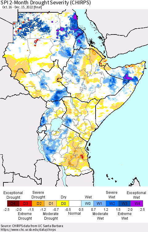 Eastern Africa SPI 2-Month Drought Severity (CHIRPS) Thematic Map For 10/16/2022 - 12/15/2022