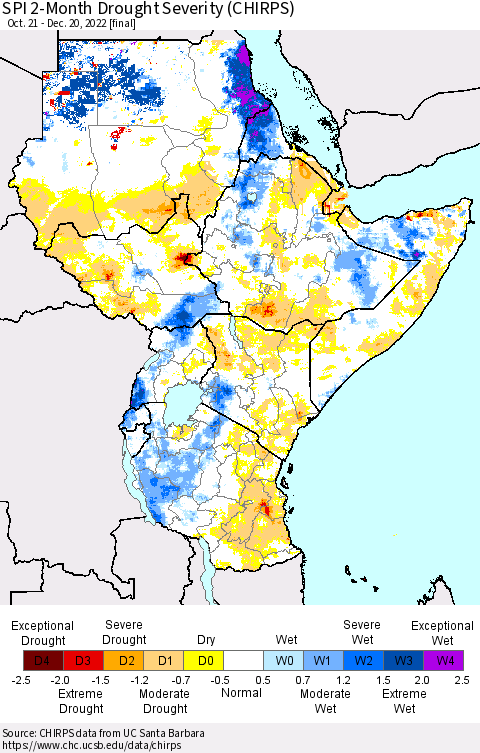 Eastern Africa SPI 2-Month Drought Severity (CHIRPS) Thematic Map For 10/21/2022 - 12/20/2022