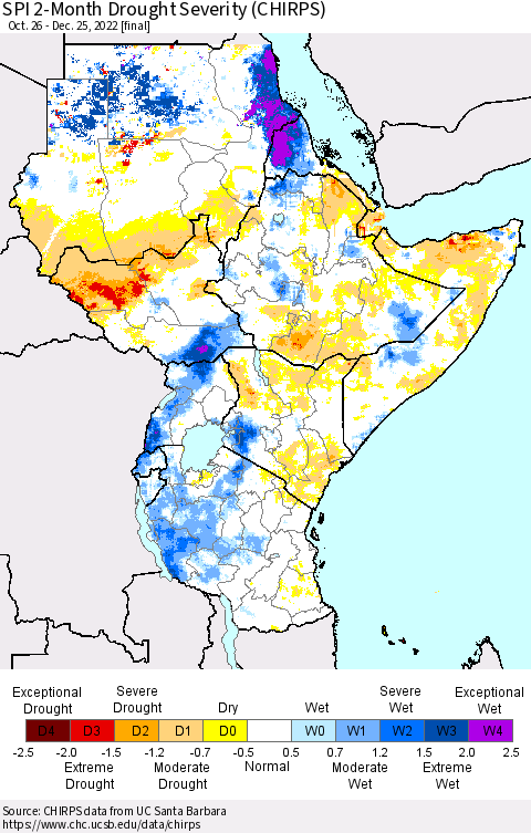 Eastern Africa SPI 2-Month Drought Severity (CHIRPS) Thematic Map For 10/26/2022 - 12/25/2022