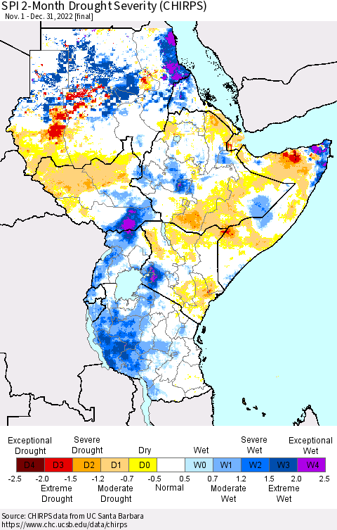 Eastern Africa SPI 2-Month Drought Severity (CHIRPS) Thematic Map For 11/1/2022 - 12/31/2022