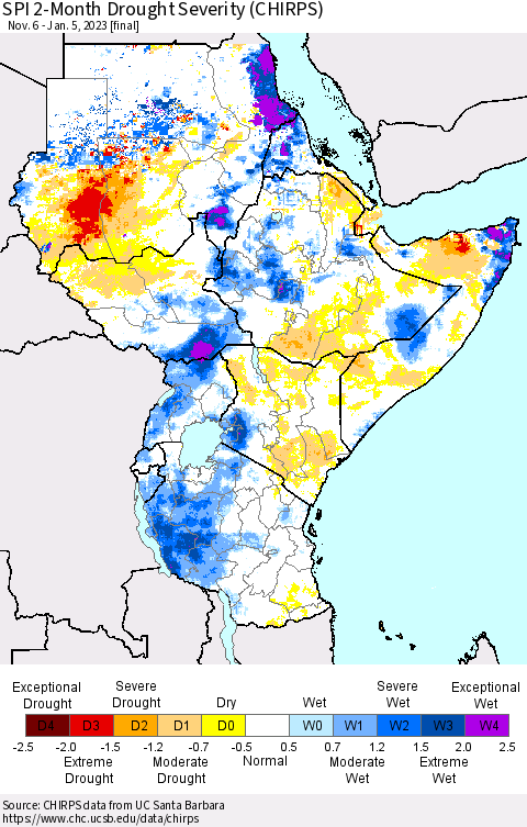 Eastern Africa SPI 2-Month Drought Severity (CHIRPS) Thematic Map For 11/6/2022 - 1/5/2023