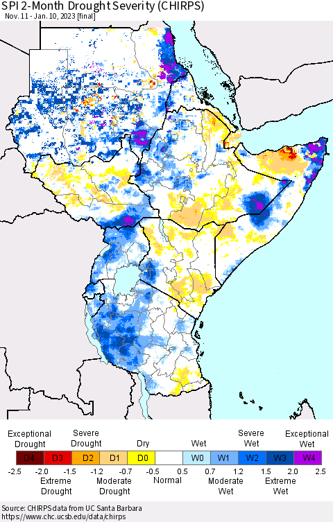 Eastern Africa SPI 2-Month Drought Severity (CHIRPS) Thematic Map For 11/11/2022 - 1/10/2023