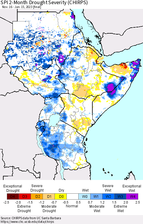 Eastern Africa SPI 2-Month Drought Severity (CHIRPS) Thematic Map For 11/16/2022 - 1/15/2023