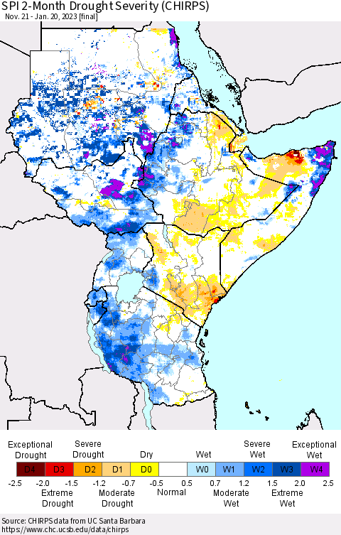 Eastern Africa SPI 2-Month Drought Severity (CHIRPS) Thematic Map For 11/21/2022 - 1/20/2023