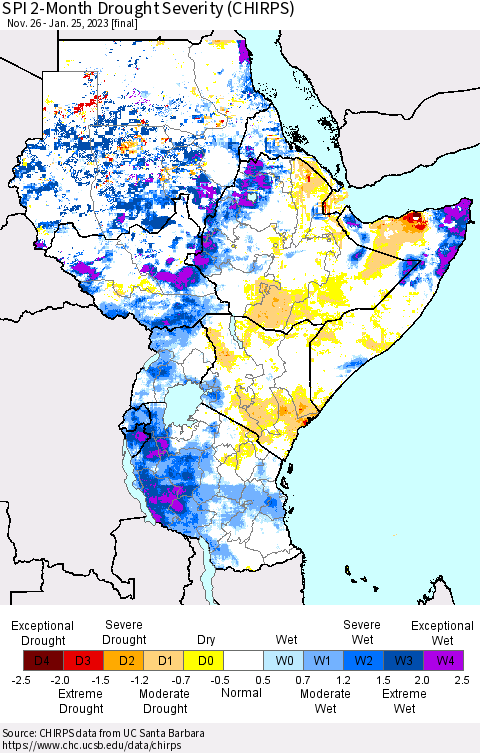 Eastern Africa SPI 2-Month Drought Severity (CHIRPS) Thematic Map For 11/26/2022 - 1/25/2023