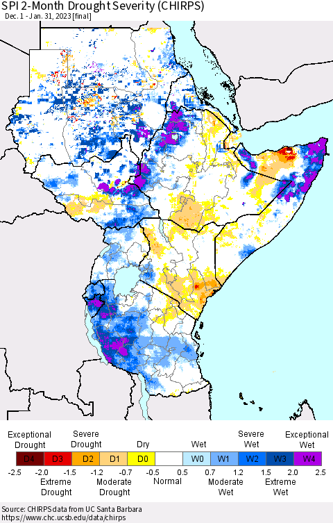 Eastern Africa SPI 2-Month Drought Severity (CHIRPS) Thematic Map For 12/1/2022 - 1/31/2023