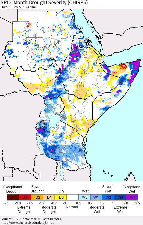 Eastern Africa SPI 2-Month Drought Severity (CHIRPS) Thematic Map For 12/6/2022 - 2/5/2023