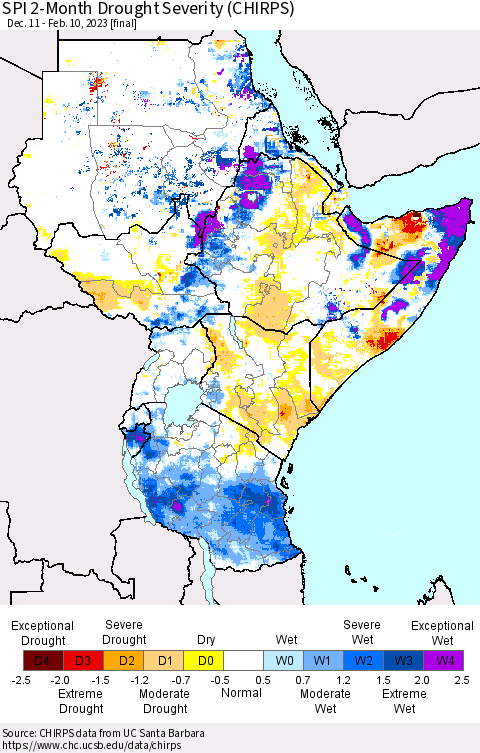 Eastern Africa SPI 2-Month Drought Severity (CHIRPS) Thematic Map For 12/11/2022 - 2/10/2023