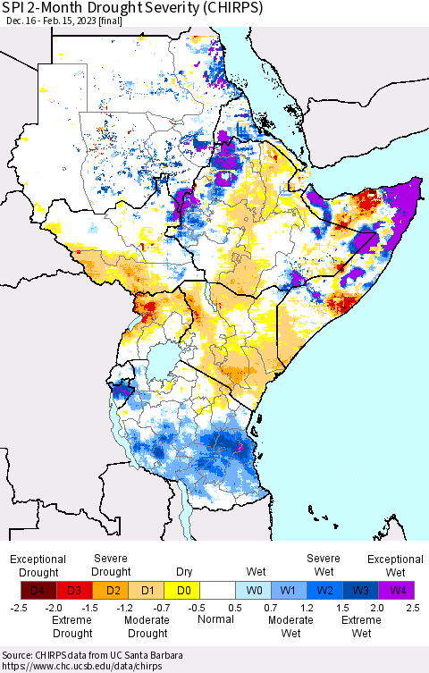 Eastern Africa SPI 2-Month Drought Severity (CHIRPS) Thematic Map For 12/16/2022 - 2/15/2023