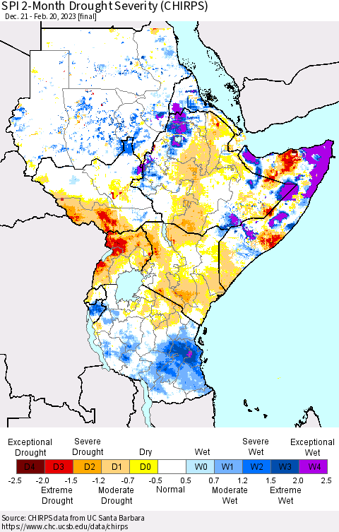 Eastern Africa SPI 2-Month Drought Severity (CHIRPS) Thematic Map For 12/21/2022 - 2/20/2023