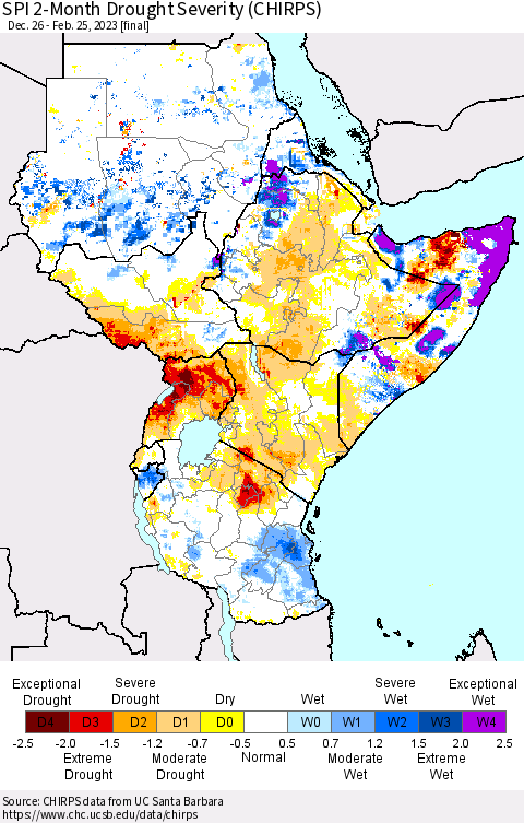 Eastern Africa SPI 2-Month Drought Severity (CHIRPS) Thematic Map For 12/26/2022 - 2/25/2023