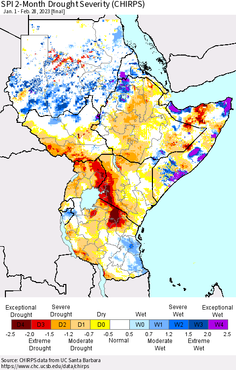 Eastern Africa SPI 2-Month Drought Severity (CHIRPS) Thematic Map For 1/1/2023 - 2/28/2023